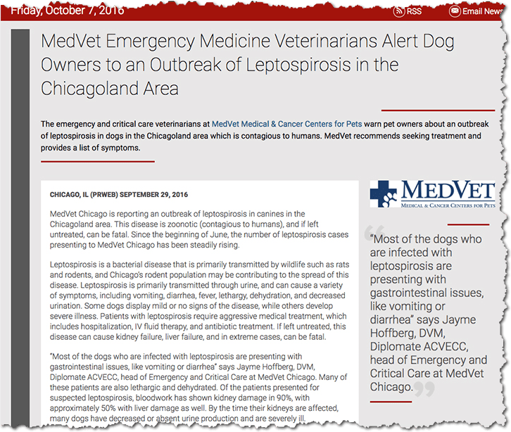 MedVet article on lepto outbreak in dogs