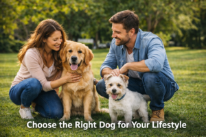 family choosing the right dog for their lifestyle in a park with different dog breeds