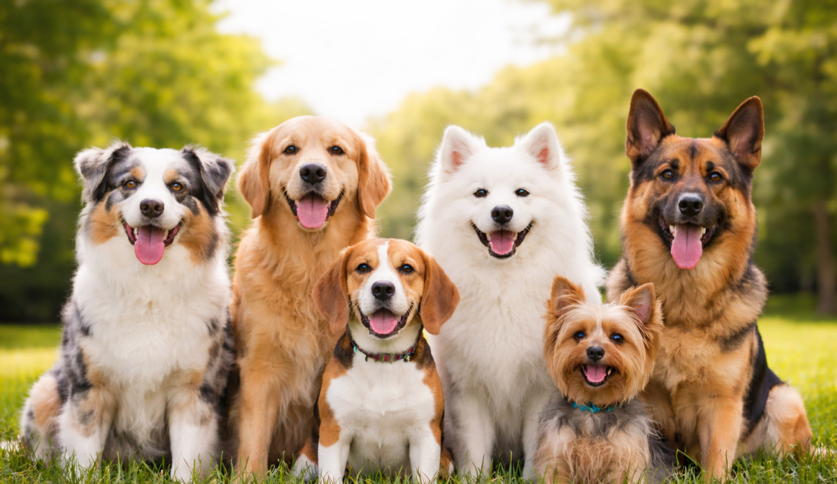 group of different dog breeds sitting together on green grass in a park