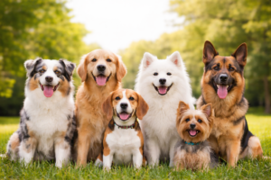 group of different dog breeds sitting together on green grass in a park
