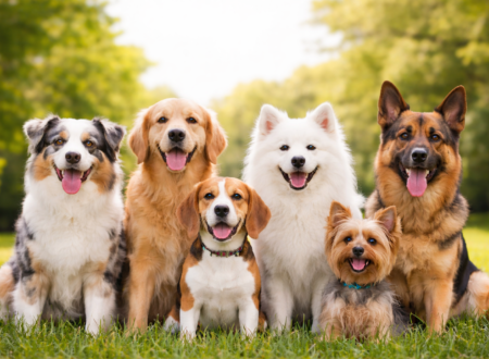 group of different dog breeds sitting together on green grass in a park