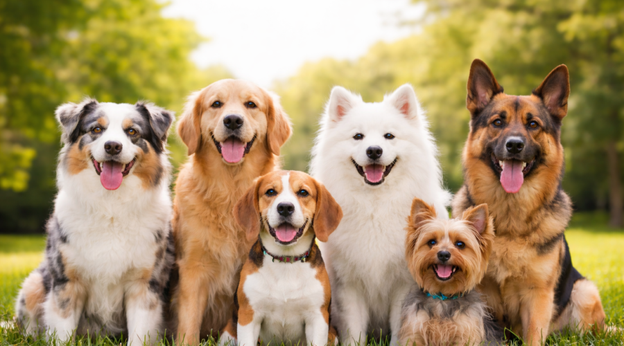 group of different dog breeds sitting together on green grass in a park