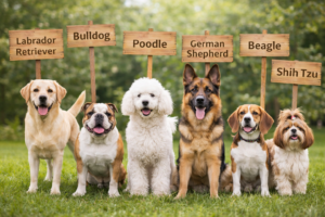 different dog breeds including labrador retriever bulldog poodle german shepherd beagle and shih tzu sitting on grass