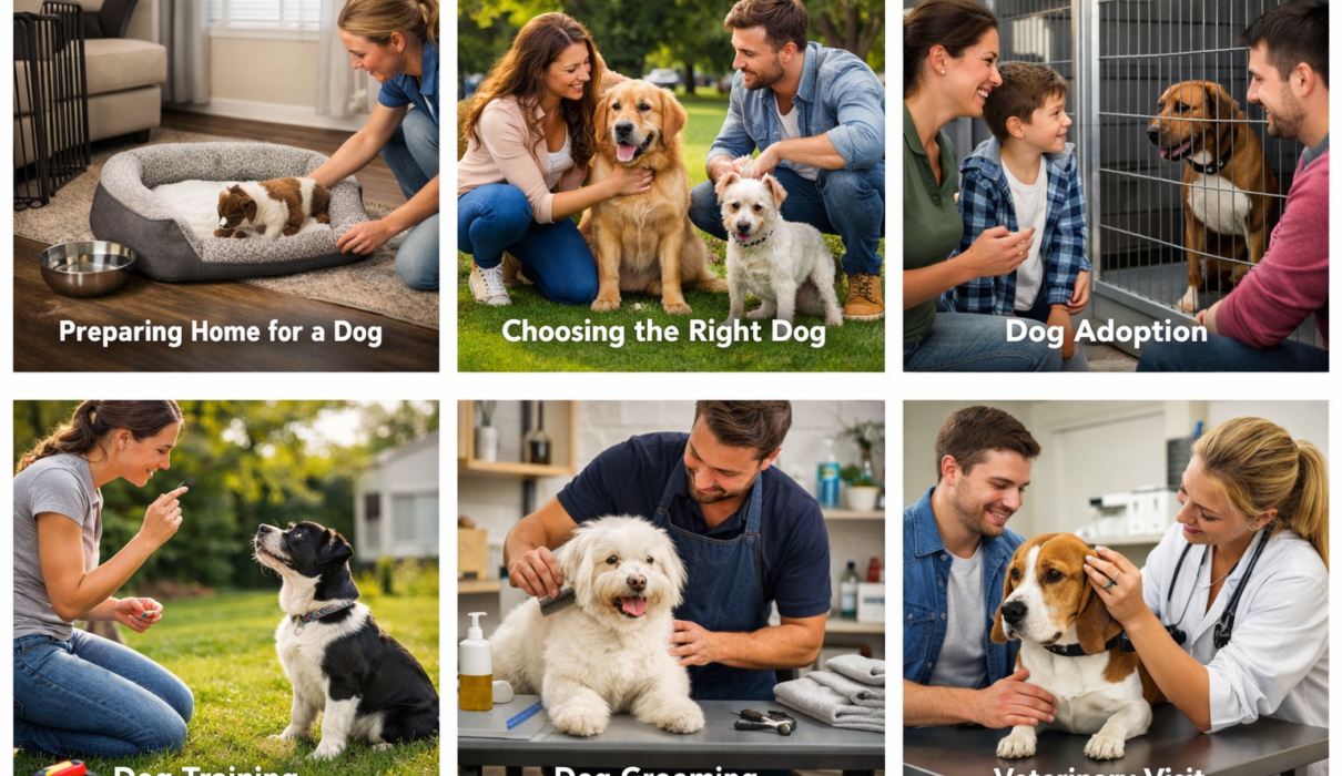 first time dog owner sitting with puppy and dog supplies getting started with dogs guide