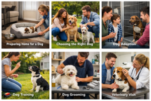 first time dog owner sitting with puppy and dog supplies getting started with dogs guide