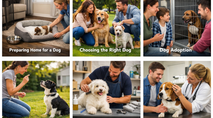 first time dog owner sitting with puppy and dog supplies getting started with dogs guide