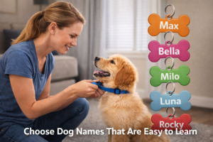 owner choosing easy dog names for a puppy while starting dog training and bonding