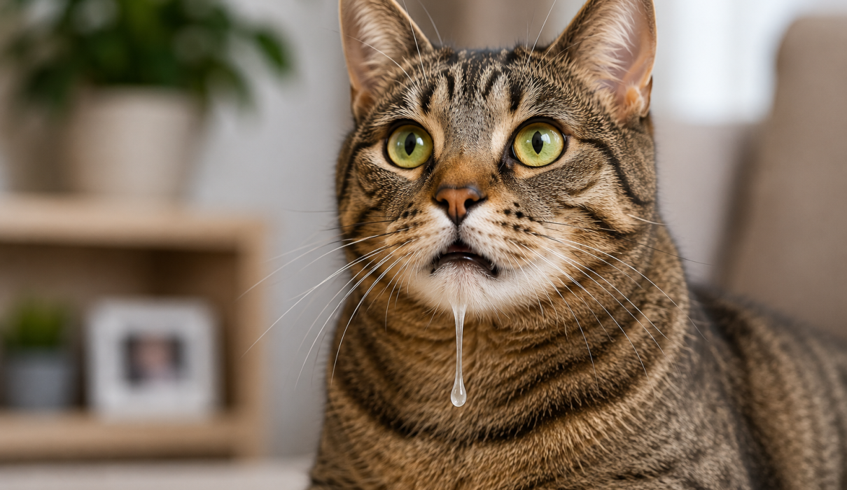 Orange cat drooling excessively while sitting on a couch, showing signs of mouth discomfort and possible health problems.