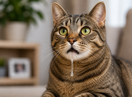 Orange cat drooling excessively while sitting on a couch, showing signs of mouth discomfort and possible health problems.