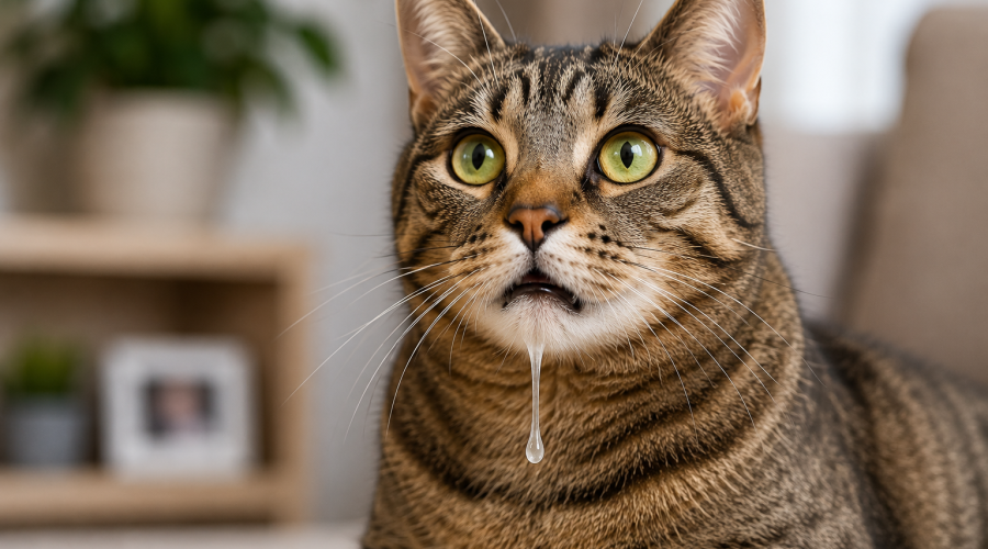 Orange cat drooling excessively while sitting on a couch, showing signs of mouth discomfort and possible health problems.