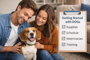 new dog owners sitting with their pet dog while preparing a getting started checklist for dog care