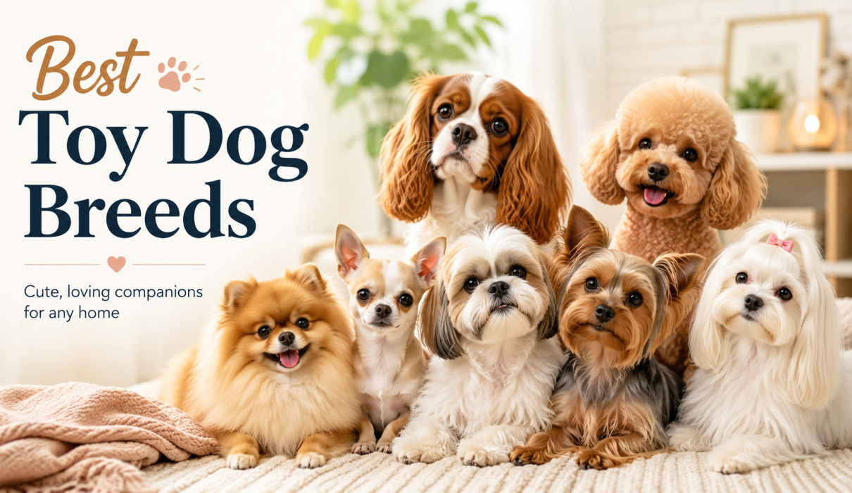 Group of popular toy dog breeds including Pomeranian, Chihuahua, Shih Tzu, Yorkie, Maltese, Cavalier King Charles Spaniel and Toy Poodle sitting together in a cozy home.