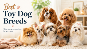 Group of popular toy dog breeds including Pomeranian, Chihuahua, Shih Tzu, Yorkie, Maltese, Cavalier King Charles Spaniel and Toy Poodle sitting together in a cozy home.