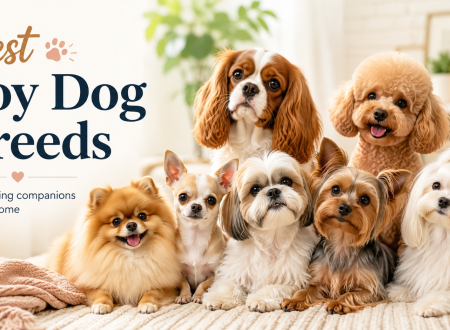 Group of popular toy dog breeds including Pomeranian, Chihuahua, Shih Tzu, Yorkie, Maltese, Cavalier King Charles Spaniel and Toy Poodle sitting together in a cozy home.