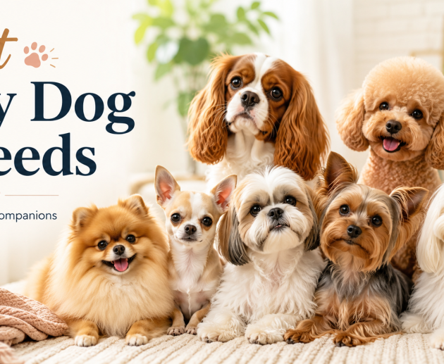 Group of popular toy dog breeds including Pomeranian, Chihuahua, Shih Tzu, Yorkie, Maltese, Cavalier King Charles Spaniel and Toy Poodle sitting together in a cozy home.