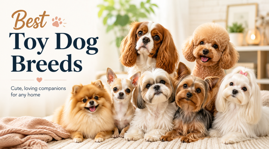 Group of popular toy dog breeds including Pomeranian, Chihuahua, Shih Tzu, Yorkie, Maltese, Cavalier King Charles Spaniel and Toy Poodle sitting together in a cozy home.