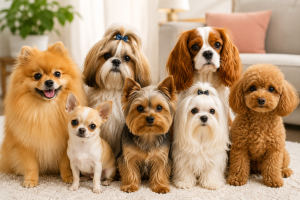 Popular toy dog breeds sitting together in a cozy home, including a Pomeranian, Chihuahua, Shih Tzu, Yorkshire Terrier, Maltese, Cavalier King Charles Spaniel and Toy Poodle.