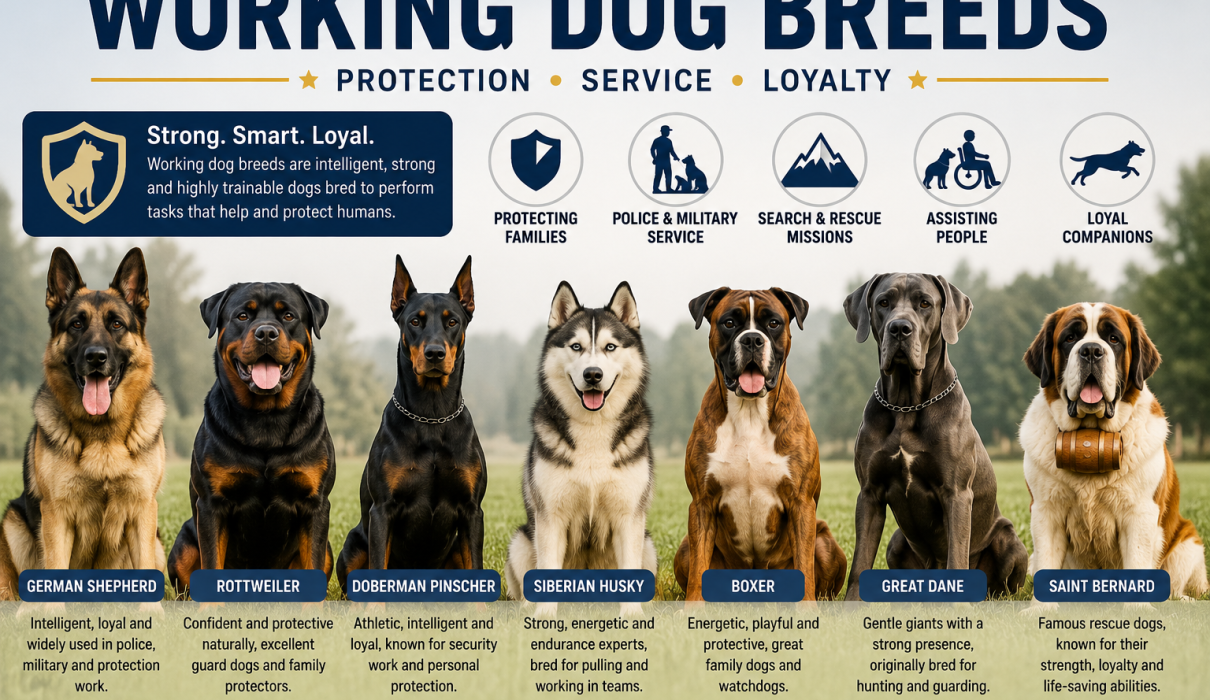 Working dog breeds including German Shepherd, Rottweiler, Doberman, Husky, Boxer, Great Dane and Saint Bernard for protection, service and companionship.