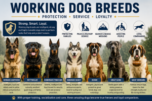 Working dog breeds including German Shepherd, Rottweiler, Doberman, Husky, Boxer, Great Dane and Saint Bernard for protection, service and companionship.