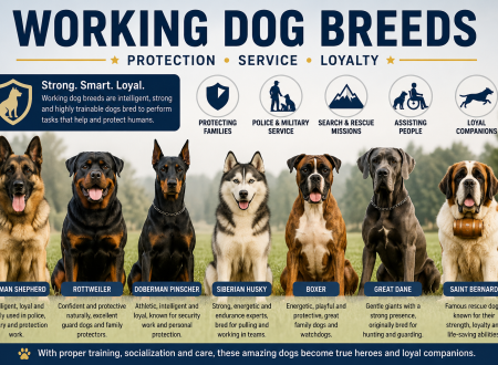 Working dog breeds including German Shepherd, Rottweiler, Doberman, Husky, Boxer, Great Dane and Saint Bernard for protection, service and companionship.