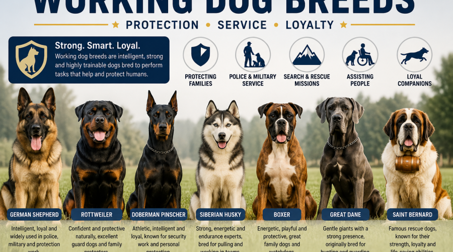 Working dog breeds including German Shepherd, Rottweiler, Doberman, Husky, Boxer, Great Dane and Saint Bernard for protection, service and companionship.