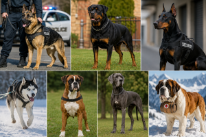 Working dog breeds shown in police, security, sledding, rescue and family protection roles, including German Shepherd, Rottweiler, Doberman, Husky, Boxer, Great Dane and Saint Bernard.