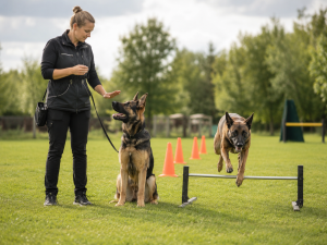 Professional trainer working with trained working dogs on a field, showing obedience, discipline and agility practice.