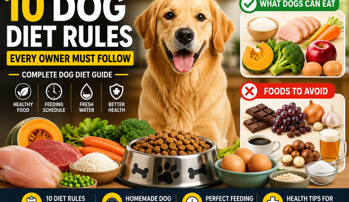 Dog diet guide showing 10 dog diet rules, safe foods dogs can eat, foods to avoid, and feeding schedule tips