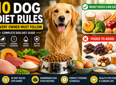 Dog diet guide showing 10 dog diet rules, safe foods dogs can eat, foods to avoid, and feeding schedule tips