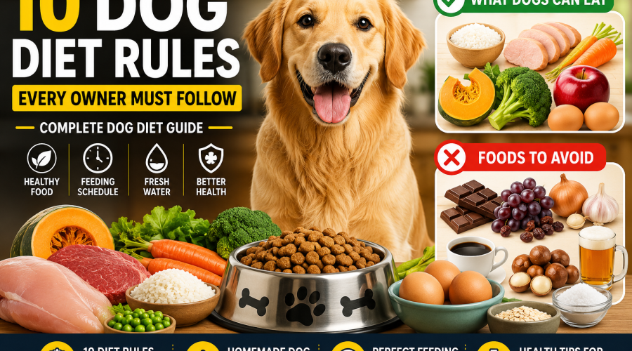 Dog diet guide showing 10 dog diet rules, safe foods dogs can eat, foods to avoid, and feeding schedule tips
