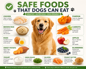 Dog diet guide showing safe foods that dogs can eat including chicken, rice, eggs, vegetables, and fruits