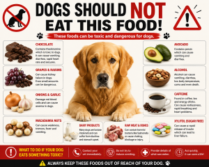 Dog diet guide showing foods toxic for dogs including chocolate, grapes, onions, caffeine, alcohol, and xylitol