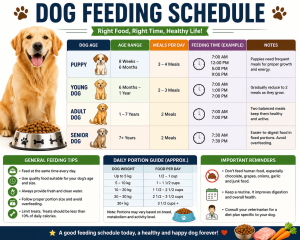 Dog diet guide showing healthy dog feeding schedule for puppies, adult dogs, and senior dogs