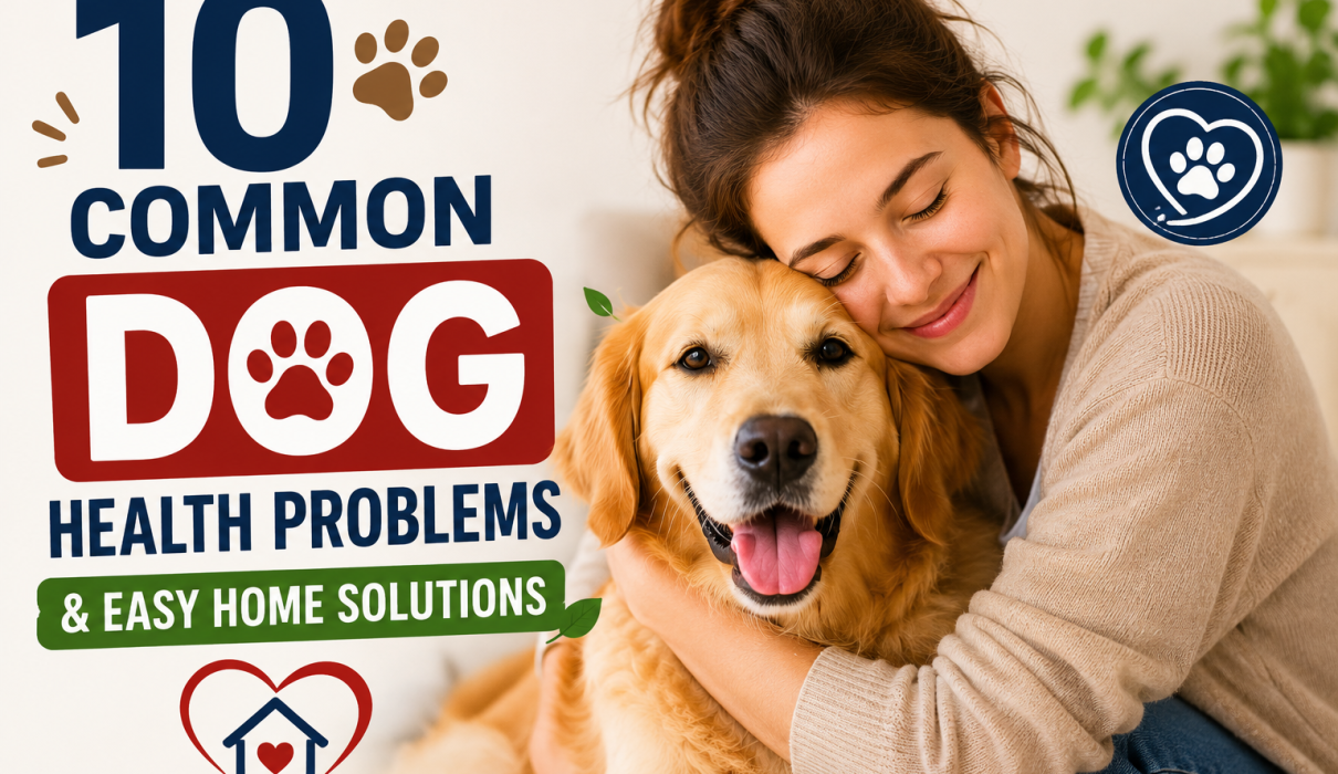 Dog health problems guide showing a loving girl hugging her dog with easy home solutions and dog care tips
