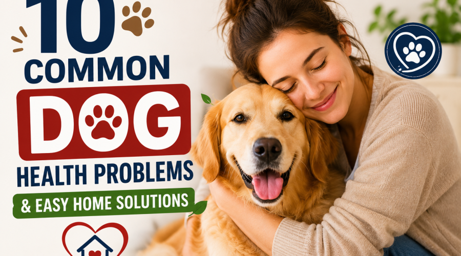 Dog health problems guide showing a loving girl hugging her dog with easy home solutions and dog care tips