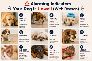 Signs your dog is sick infographic showing alarming indicators your dog is unwell with common symptoms and health reasons