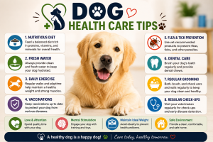 Dog health care tips infographic showing healthy diet exercise grooming vaccination and regular vet care for dogs