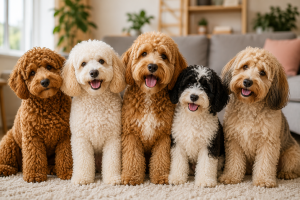 Cute curly haired dog breeds sitting together including Poodle, Goldendoodle, and Labradoodle