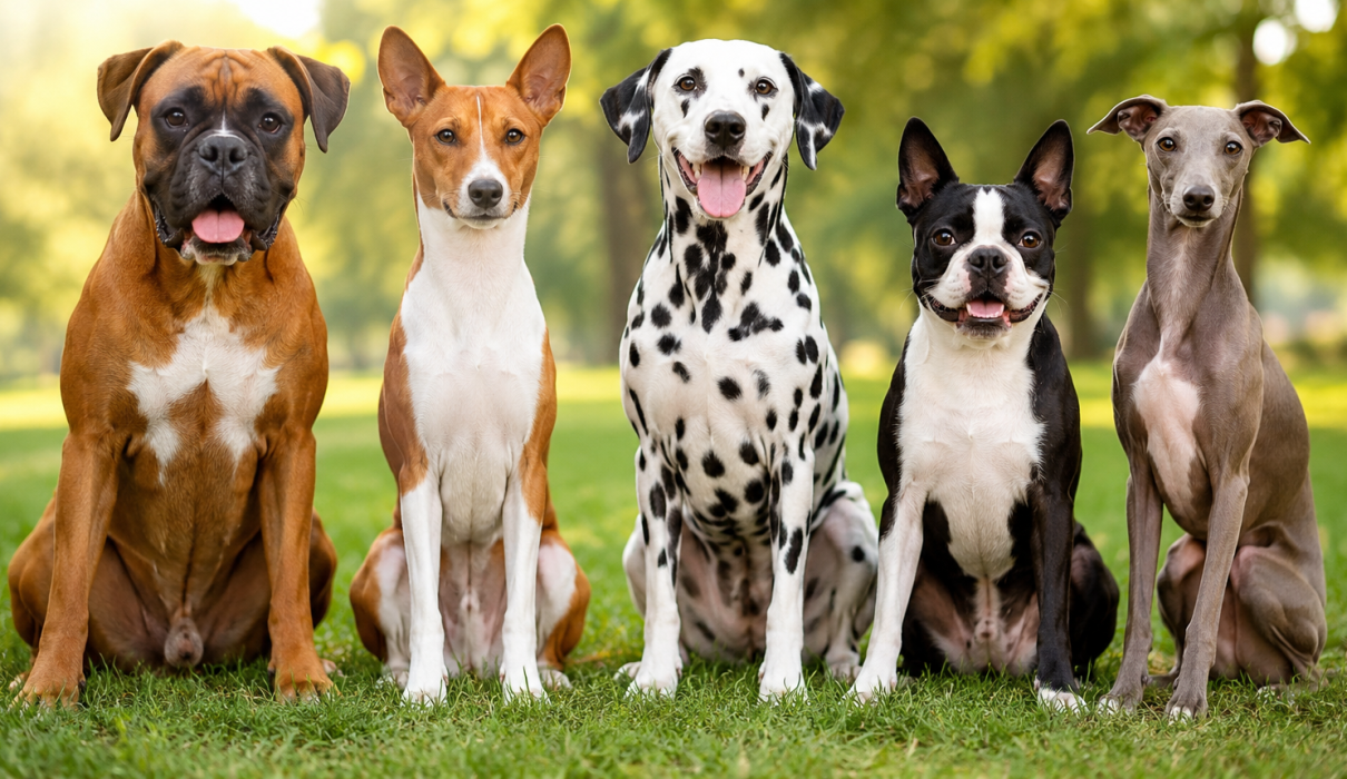 Short haired dog breeds including Boxer, Basenji, Dalmatian, Boston Terrier, and Italian Greyhound sitting together outdoors with clean low-shedding coats.