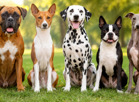 Short haired dog breeds including Boxer, Basenji, Dalmatian, Boston Terrier, and Italian Greyhound sitting together outdoors with clean low-shedding coats.