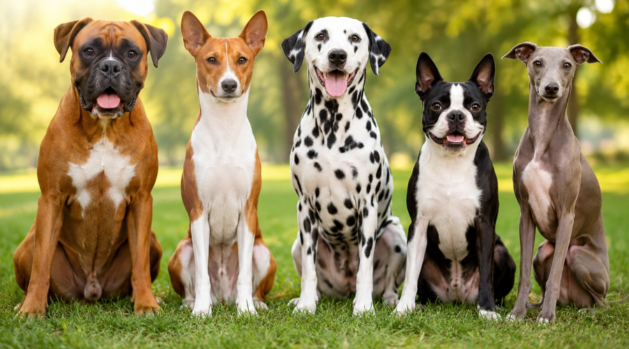 Short haired dog breeds including Boxer, Basenji, Dalmatian, Boston Terrier, and Italian Greyhound sitting together outdoors with clean low-shedding coats.