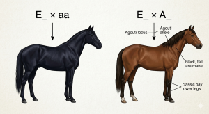 A scientific diagram comparing the genetic markers that create a black horse versus a bay horse.