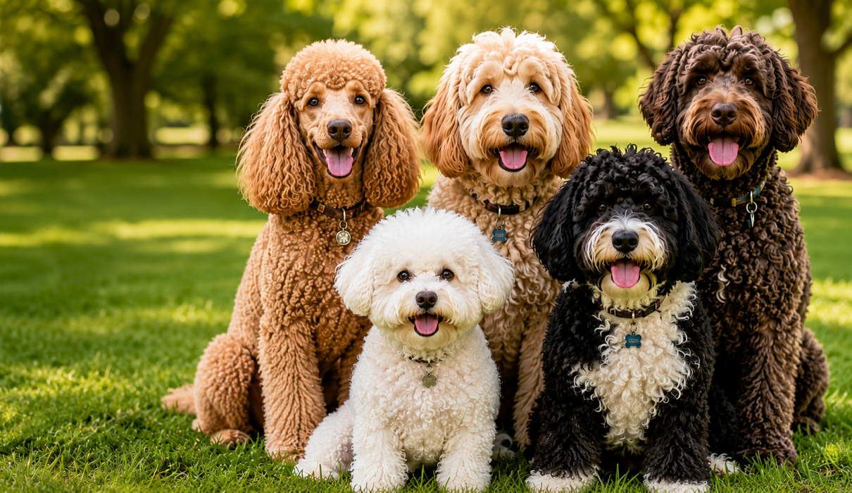 Fluffy curly haired dog playing outdoors with soft curly fur and happy expression
