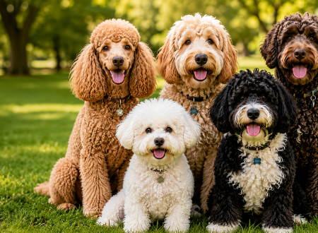 Fluffy curly haired dog playing outdoors with soft curly fur and happy expression