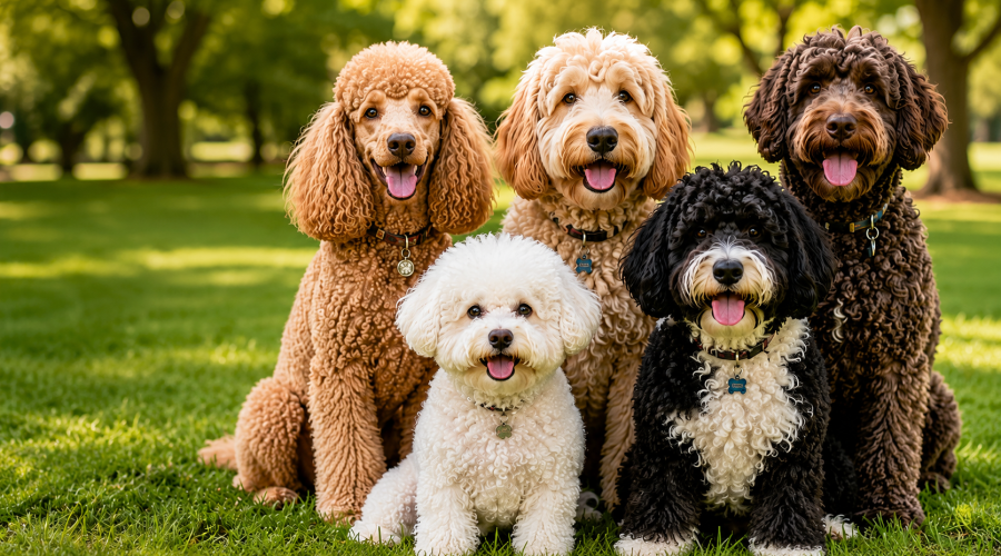 Fluffy curly haired dog playing outdoors with soft curly fur and happy expression