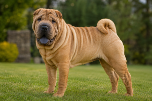 Wrinkly dog breeds sitting together including Bulldog, Pug, and Shar Pei