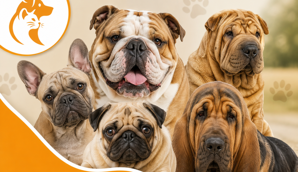 Wrinkly dog breeds collage design