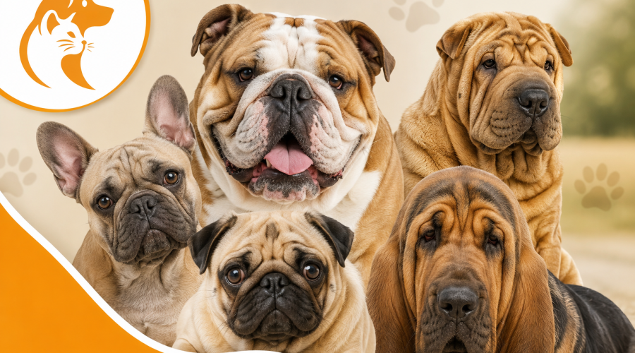 Wrinkly dog breeds collage design
