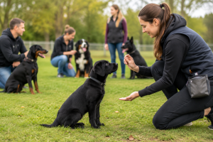 Woman training a black puppy in a park during a dog socialization class.