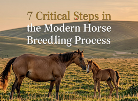 A realistic, premium photograph of a brown mare and her young foal standing in a lush green pasture at sunset, with the title "7 Critical Steps in the Modern Horse Breeding Process" overlaid in elegant, clean typography.